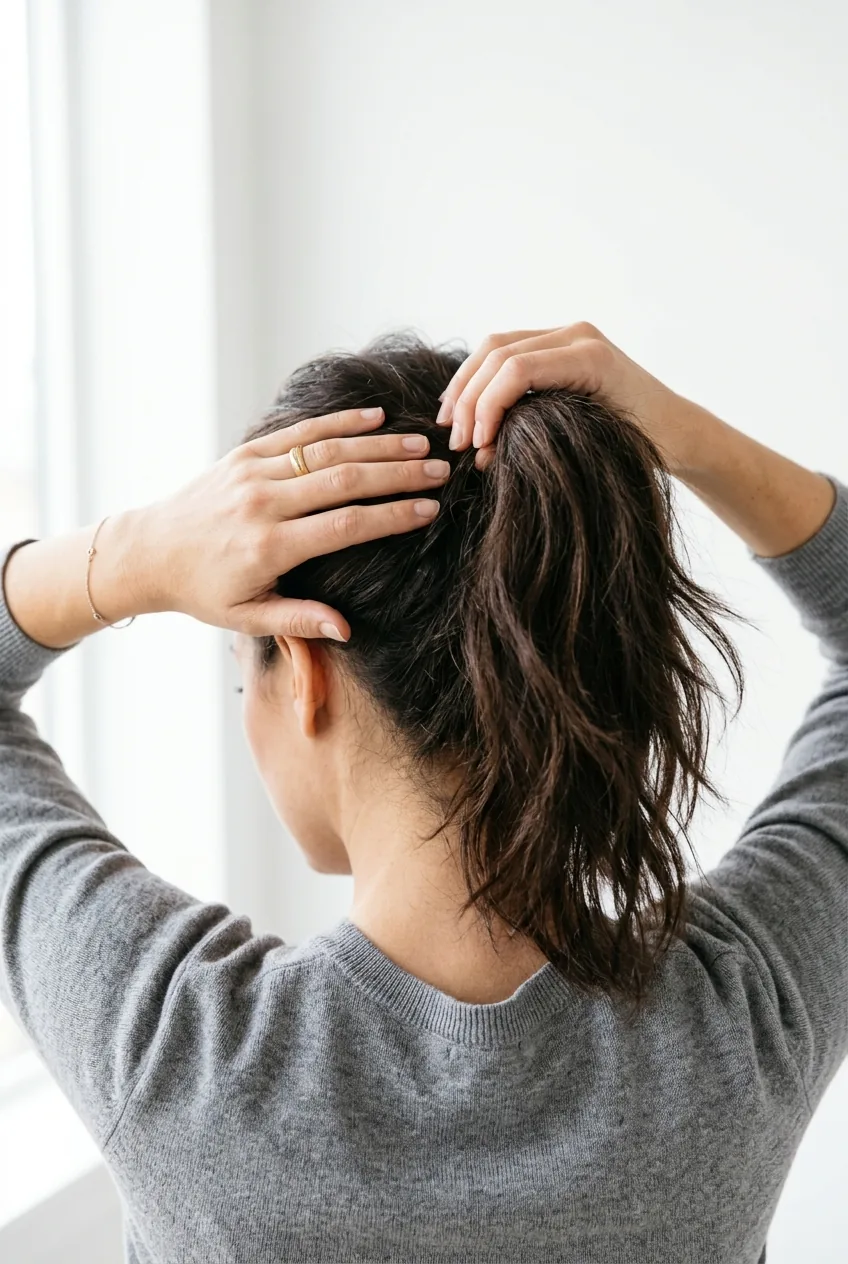 Hands gathering hair into loose ponytail at crown level during messy bun tutorial