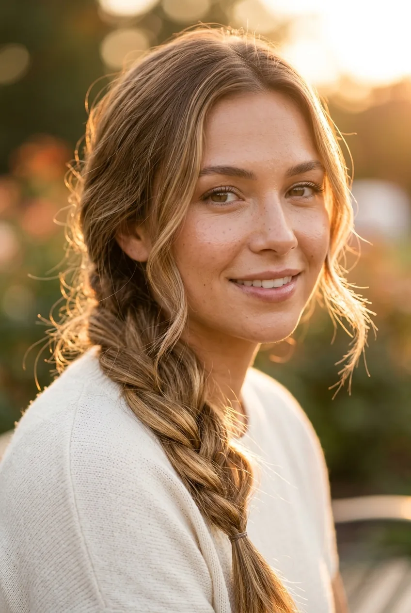 Woman with loose side-swept braid over shoulder and soft face-framing pieces