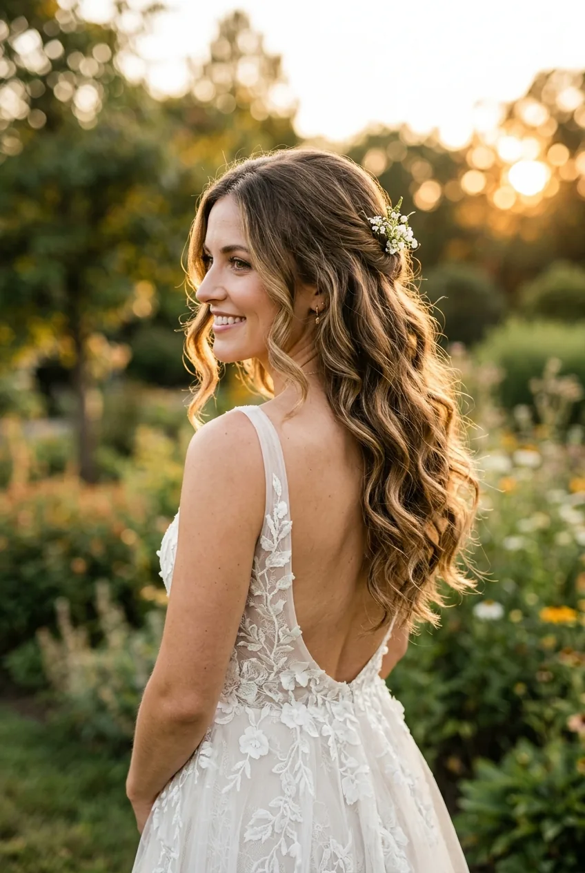 Loose textured waves worn down with natural movement and golden highlights