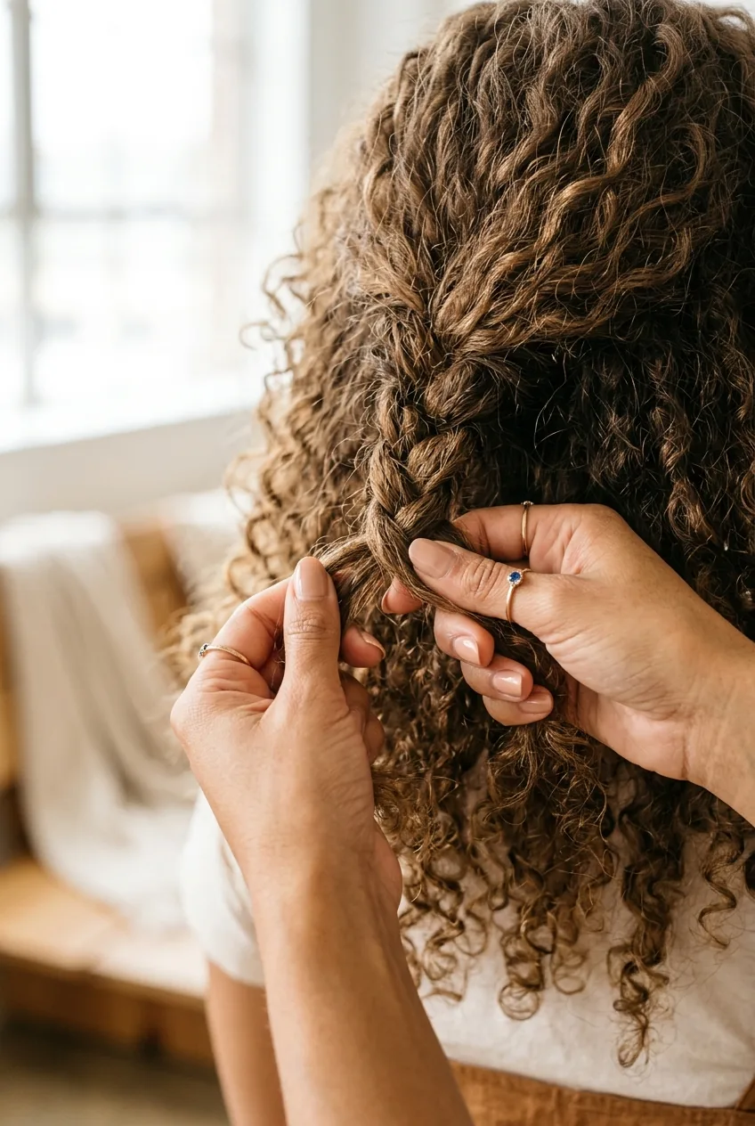 Fingers creating loose three-strand braids in textured hair showing relaxed braiding method