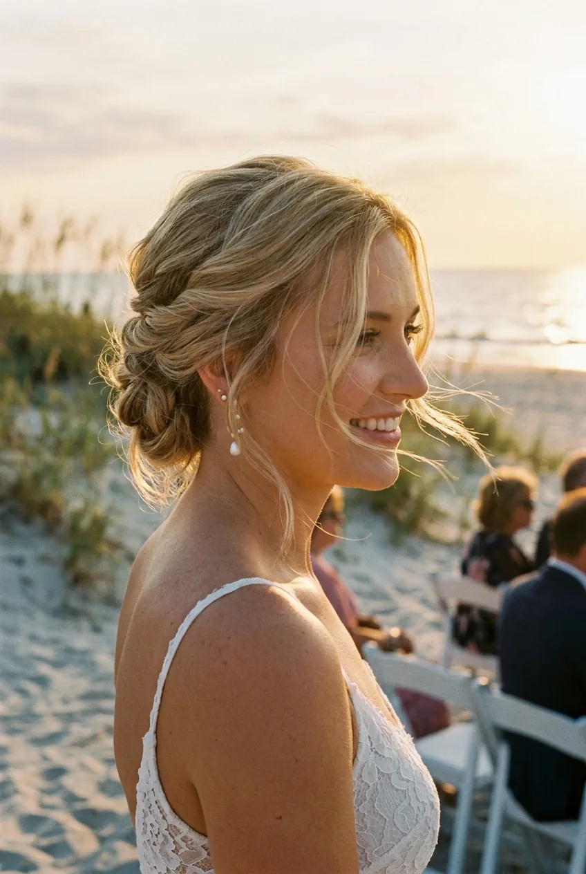 Bride with loose twisted updo hairstyle and face-framing pieces at beach wedding ceremony