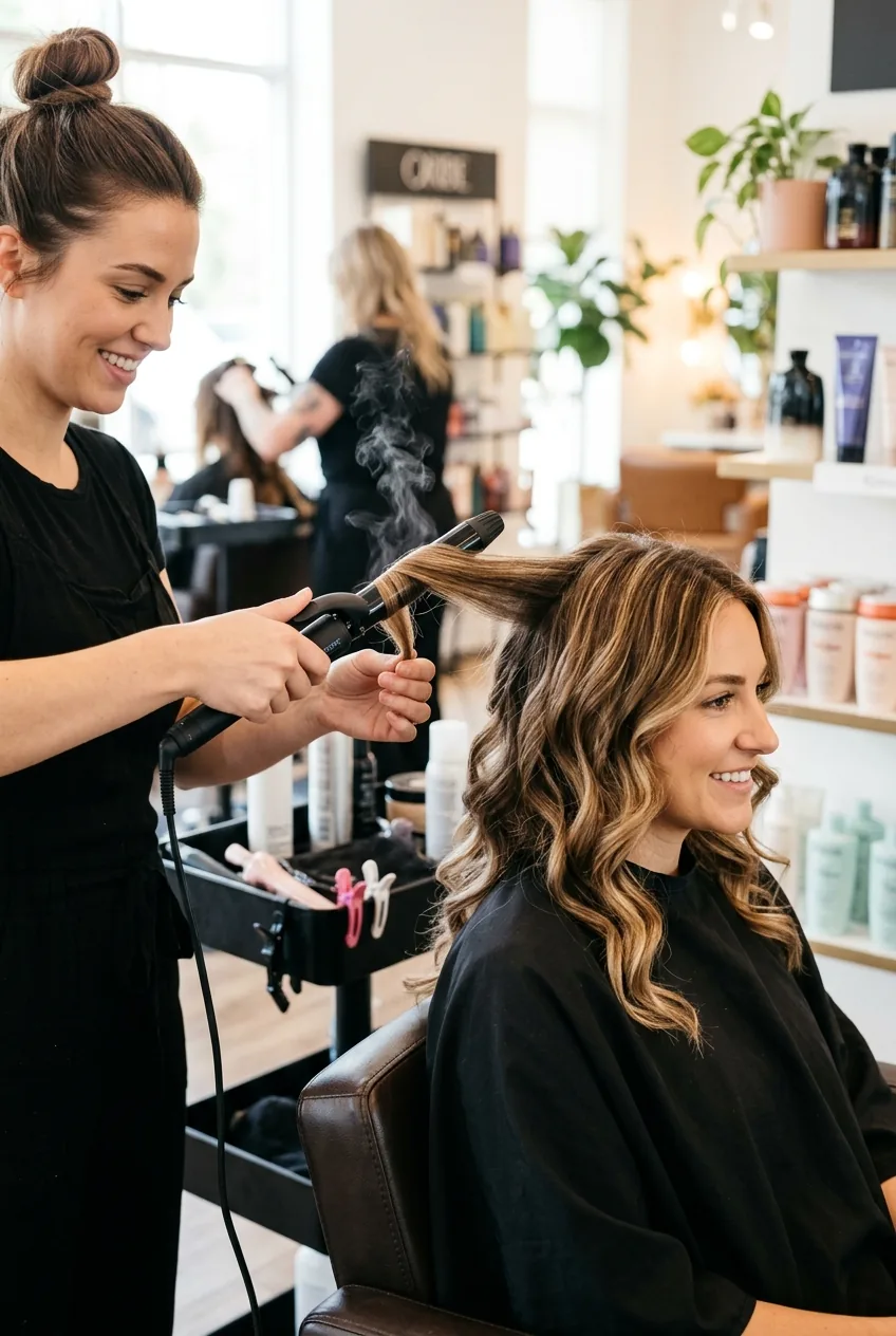 Curling iron creating loose waves in alternating directions on sectioned hair in salon