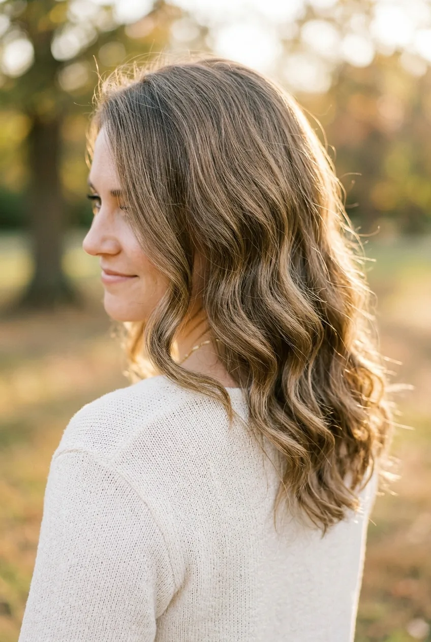 Natural loose waves cascading over shoulder showing texture and movement in golden hour lighting