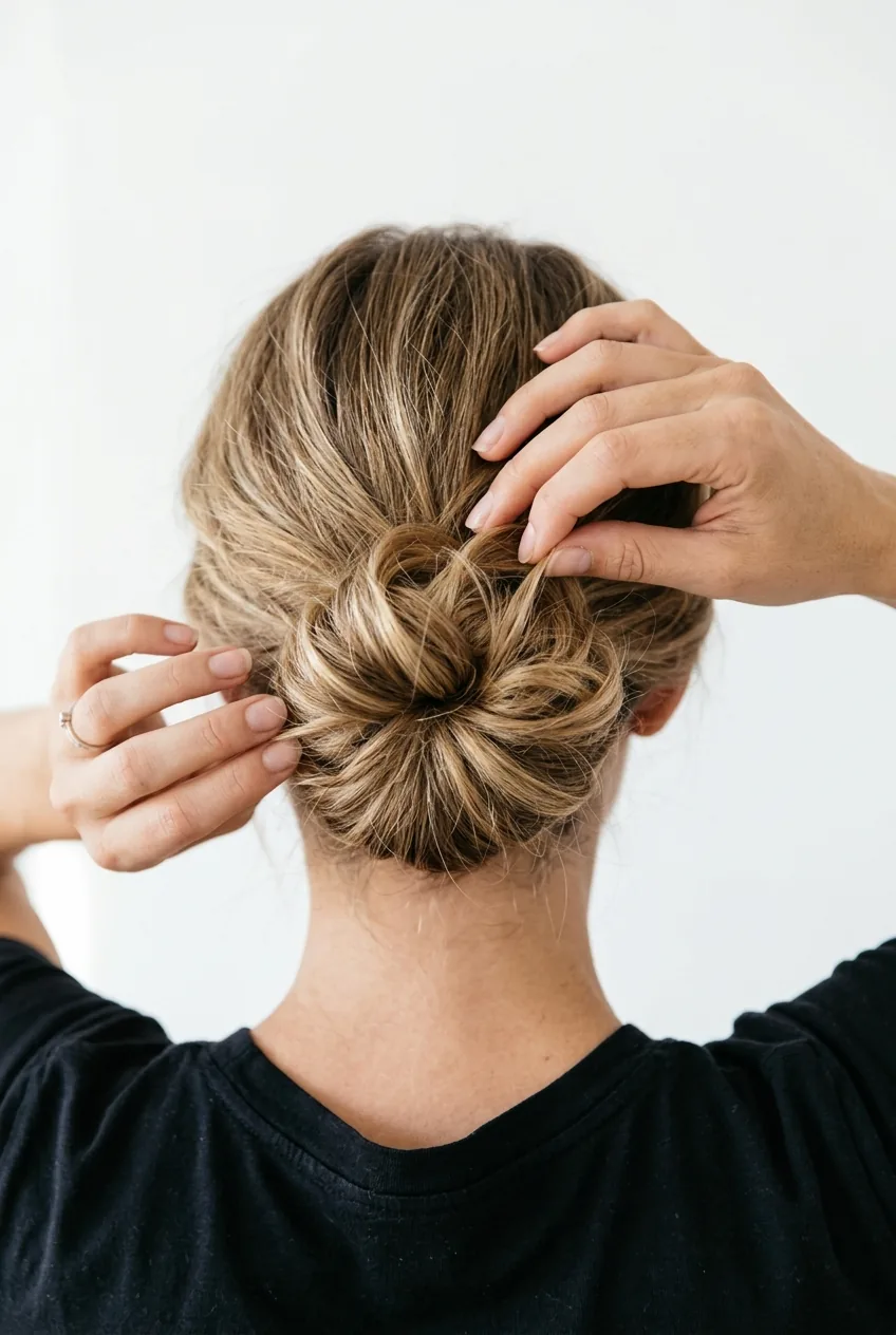 Hands gently pulling sections of bun to create intentional messy texture