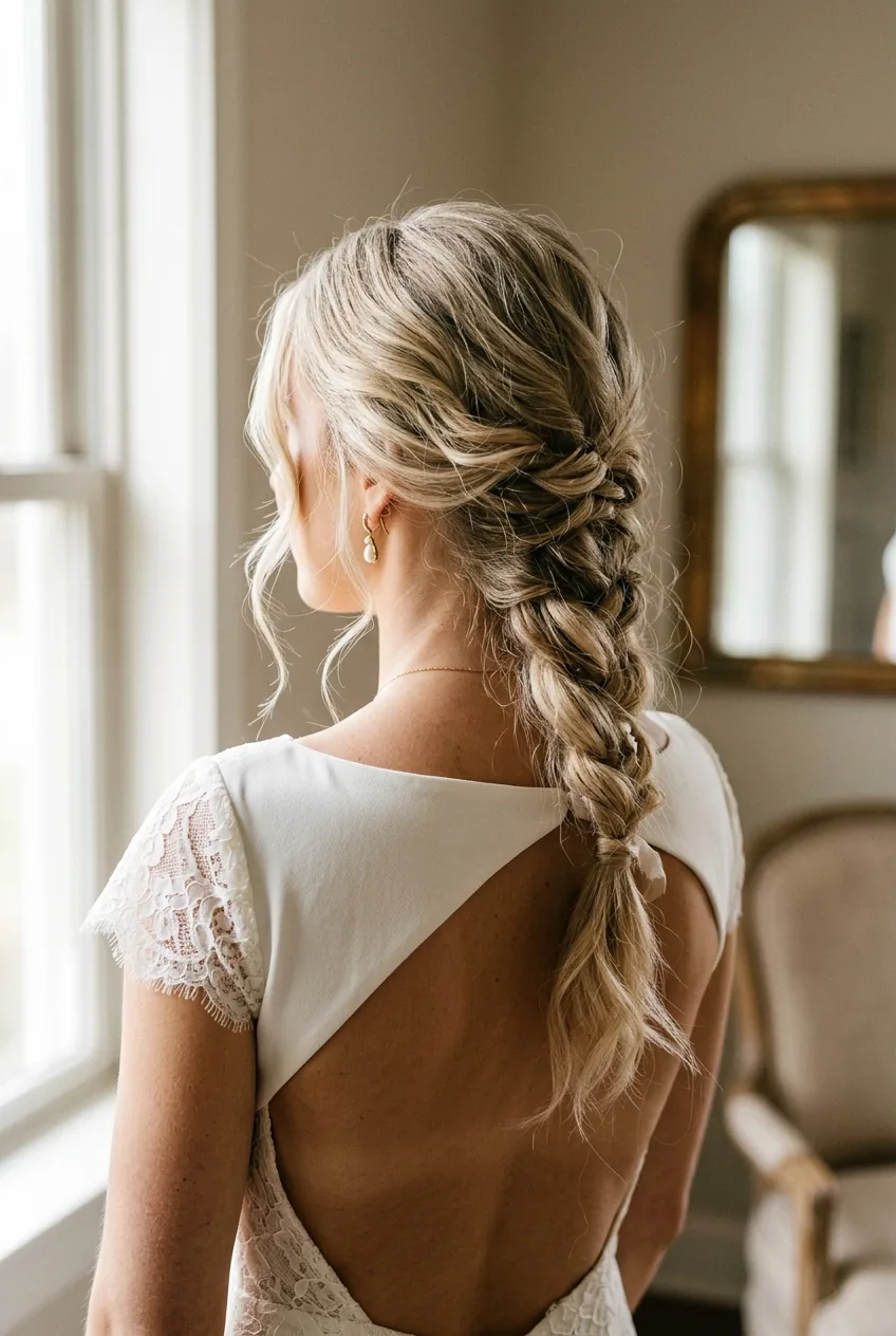 Back view of loose low braid with wispy pieces escaping around hairline in soft window light