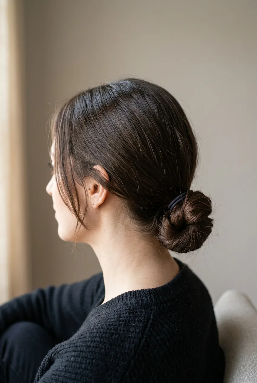 Side view of low bun secured with hair elastic using loop-through technique