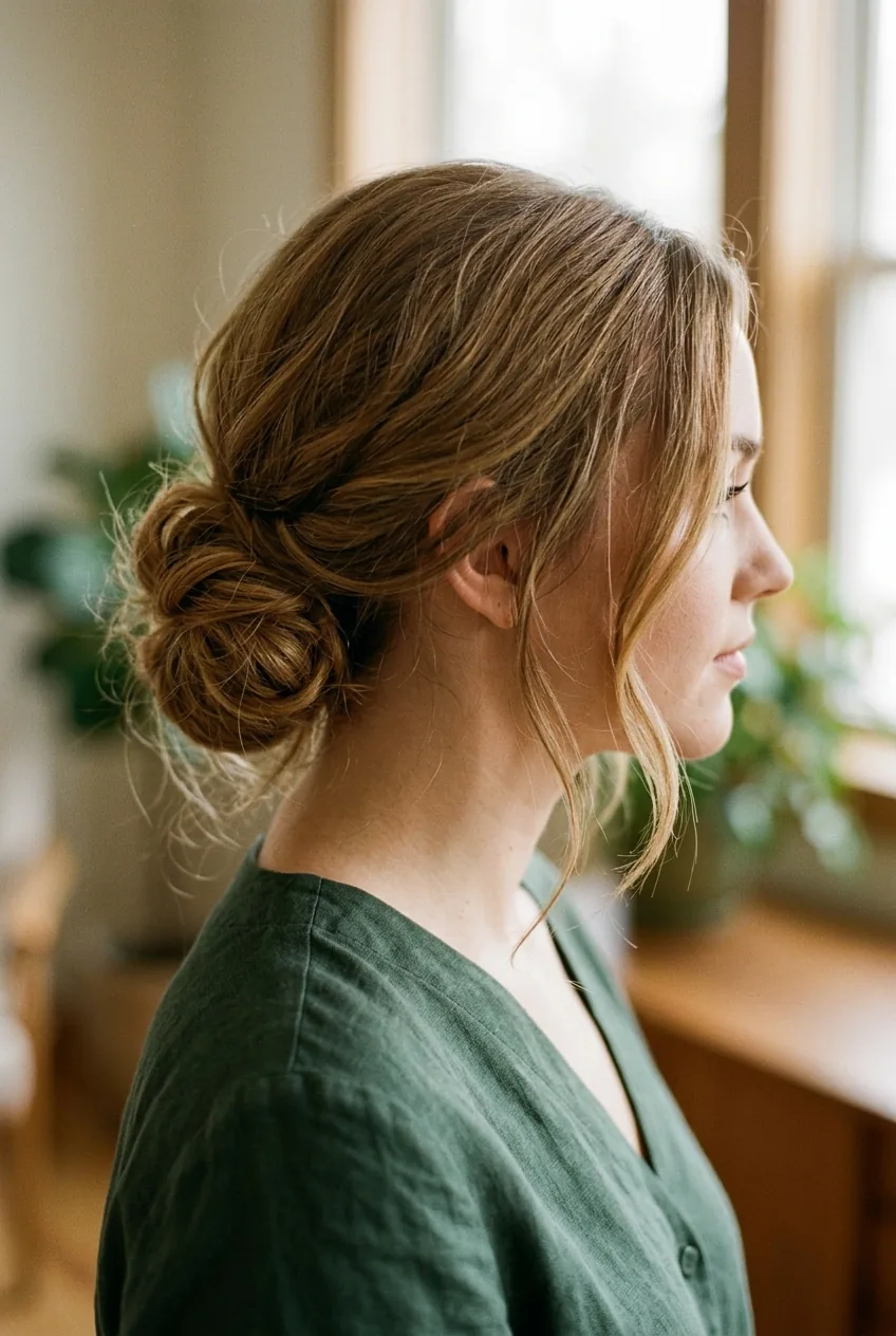 Elegant low bun hairstyle with intentional loose face-framing pieces showing natural imperfect beauty