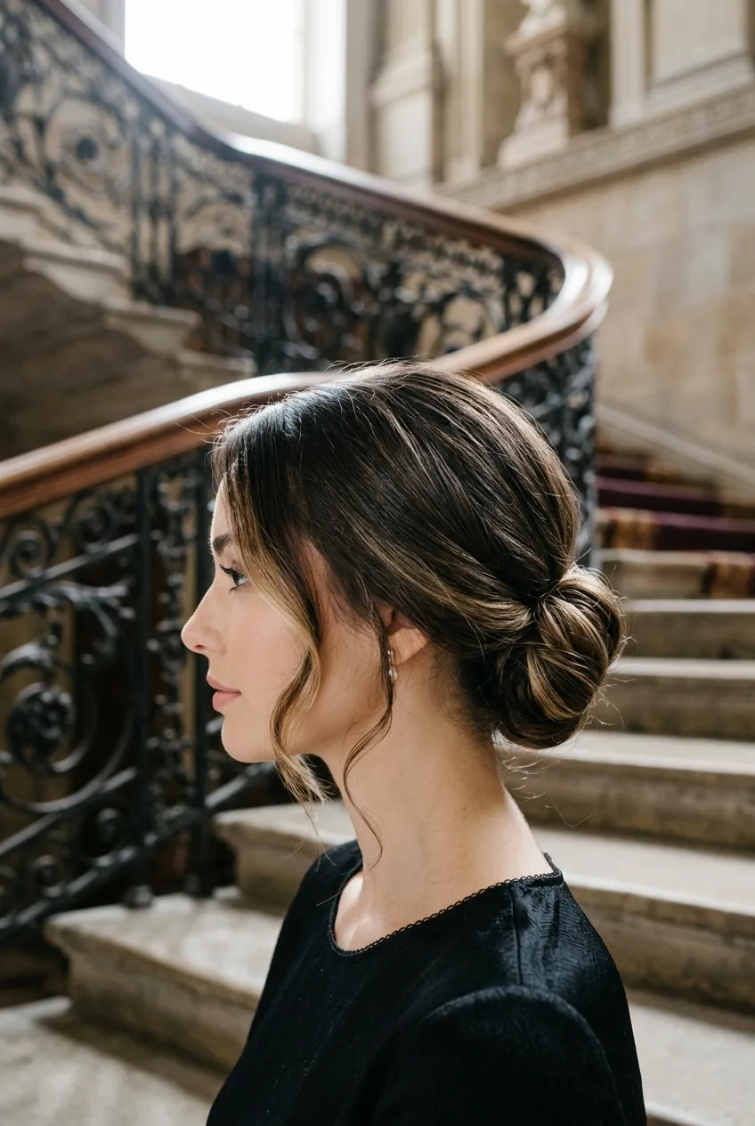 Woman with low bun positioned at nape of neck with smooth sleek finish