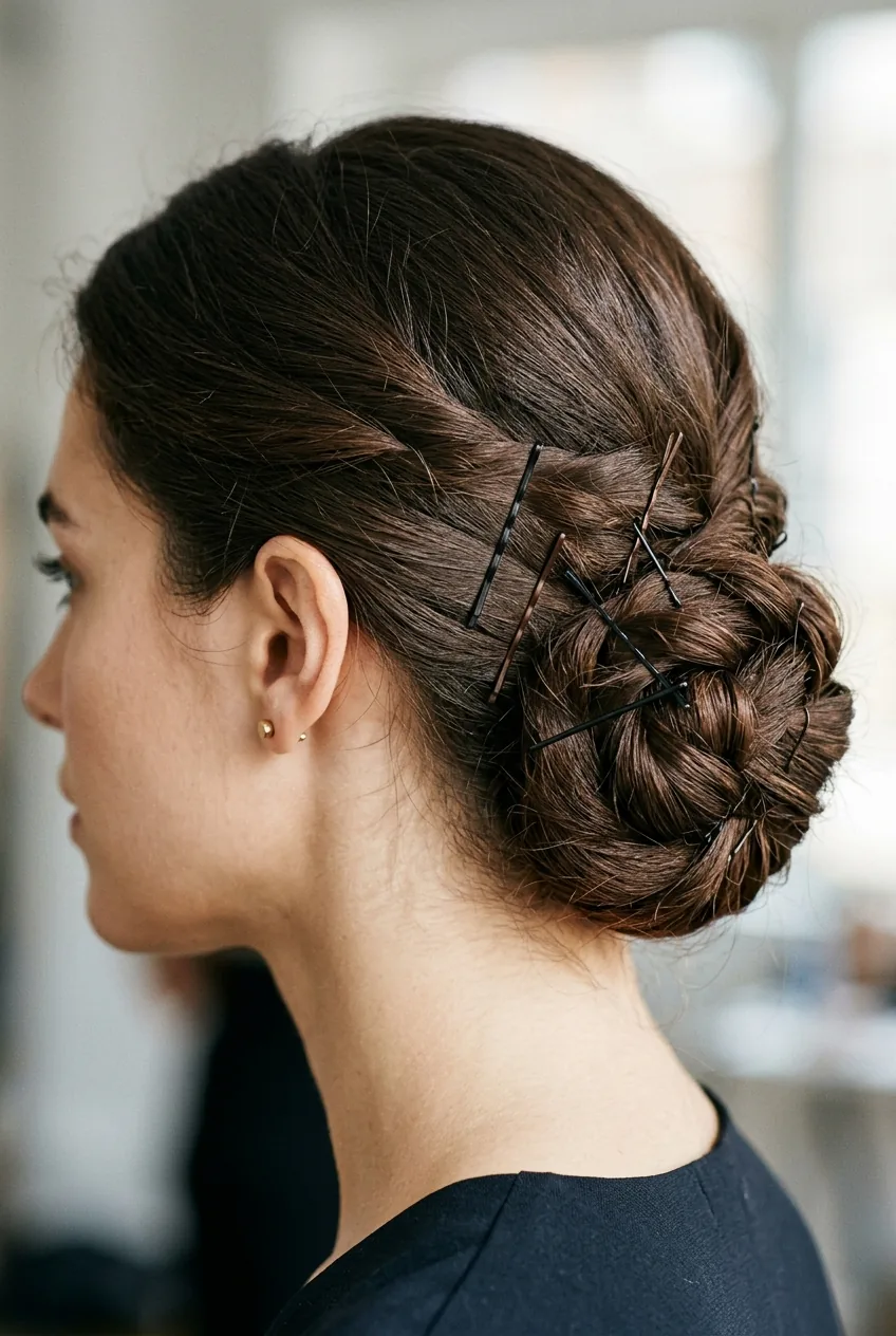 Low bun from side angle revealing internal tension points and professional bobby pin anchoring technique