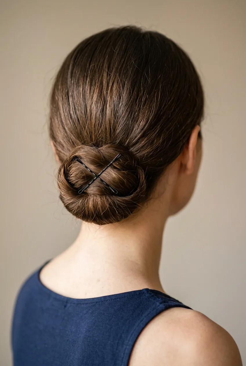 Close-up back view of low chignon bun demonstrating X-pattern bobby pin insertion technique through center