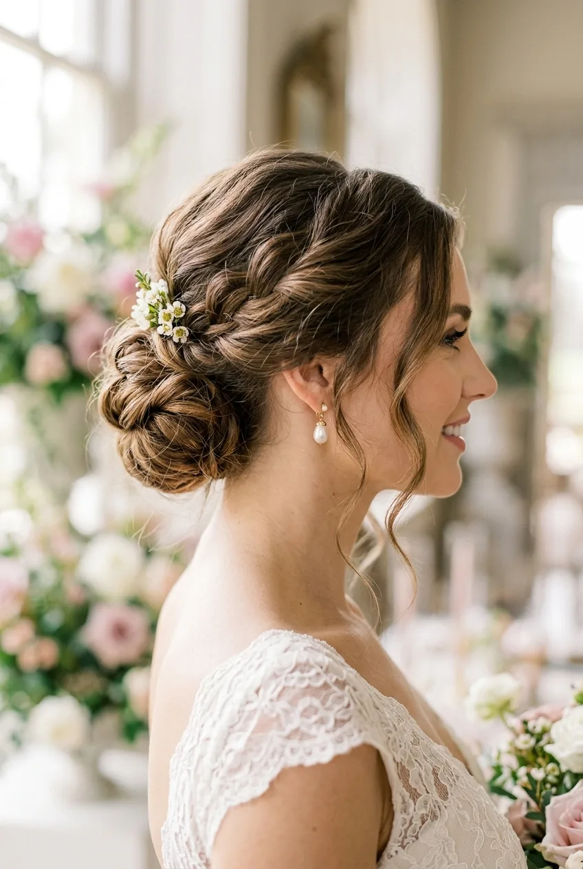 Side profile of low chignon wedding hairstyle with soft face-framing pieces