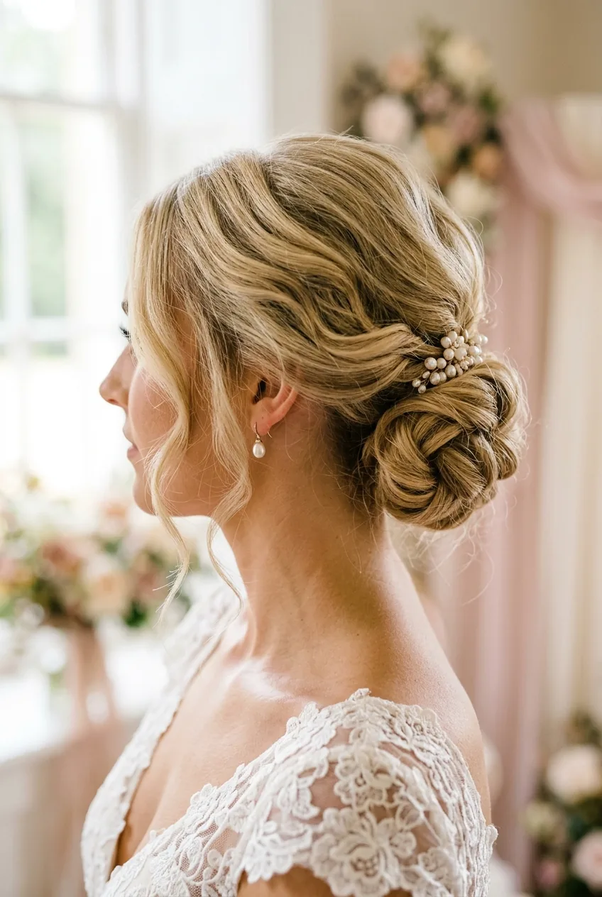 Low textured chignon hairstyle on fine blonde hair with loose romantic pieces and pearl earrings