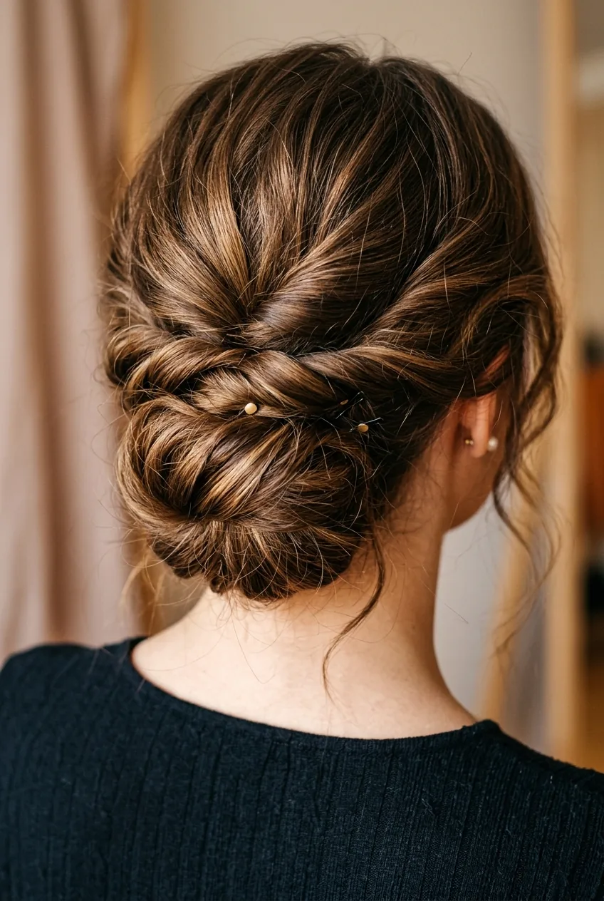 Low chignon updo showing textured finish with soft pieces pulled out around nape
