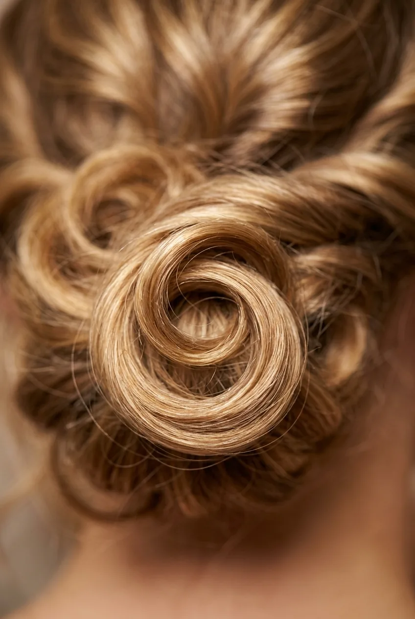 Back view of woman with low curly chignon updo featuring textured twist and face-framing pieces