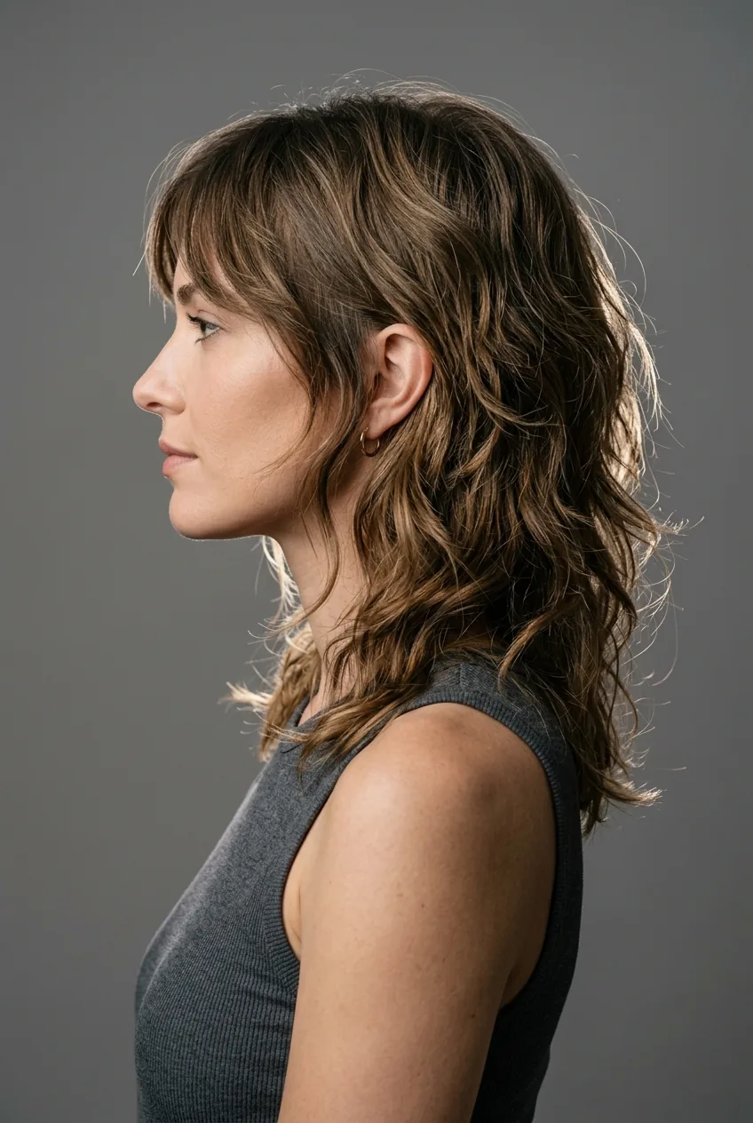 Woman with low-maintenance shag displaying effortless natural texture