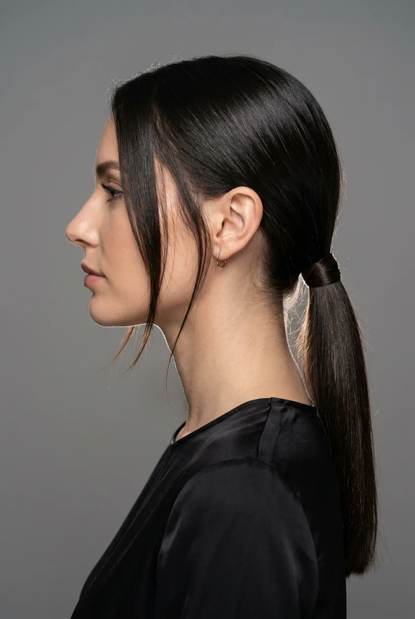 Woman with low ponytail featuring face-framing pieces left loose around jawline