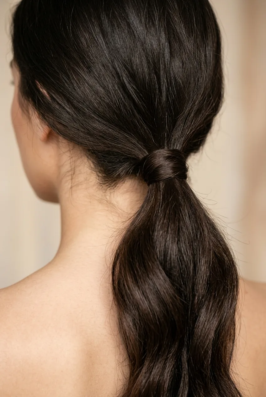 Low ponytail positioned at occipital bone on thick hair demonstrating proper weight distribution for lasting hold