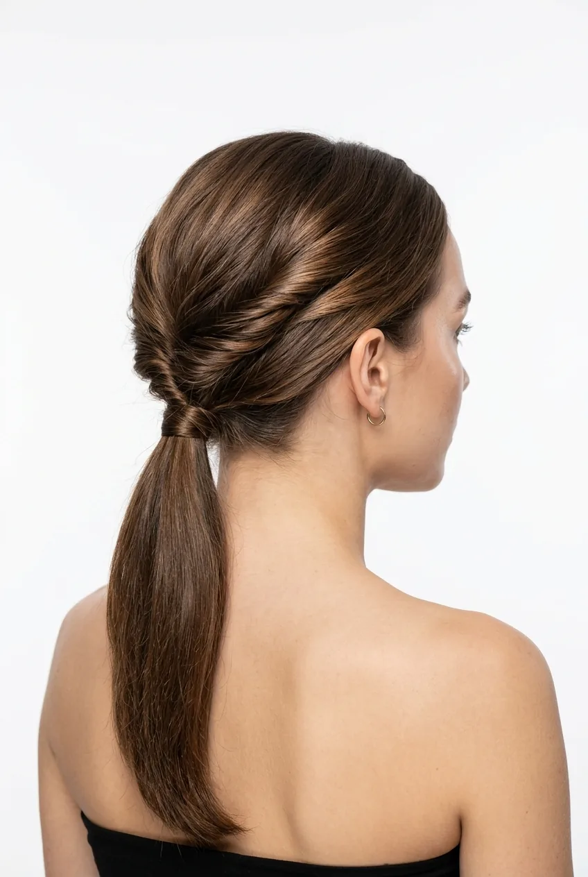 Woman with low ponytail featuring subtle twist at nape showing effortless texture