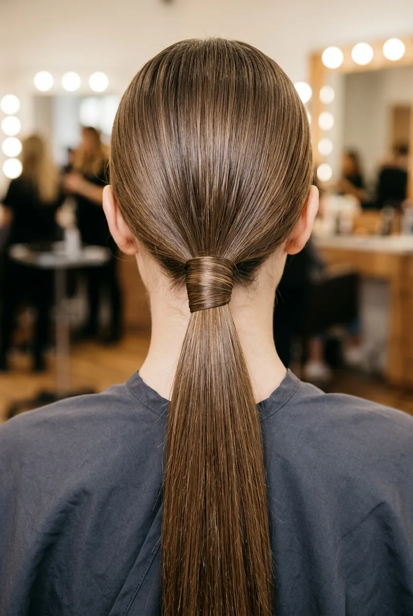 Low ponytail at nape of neck with hair section wrapped around elastic to hide it