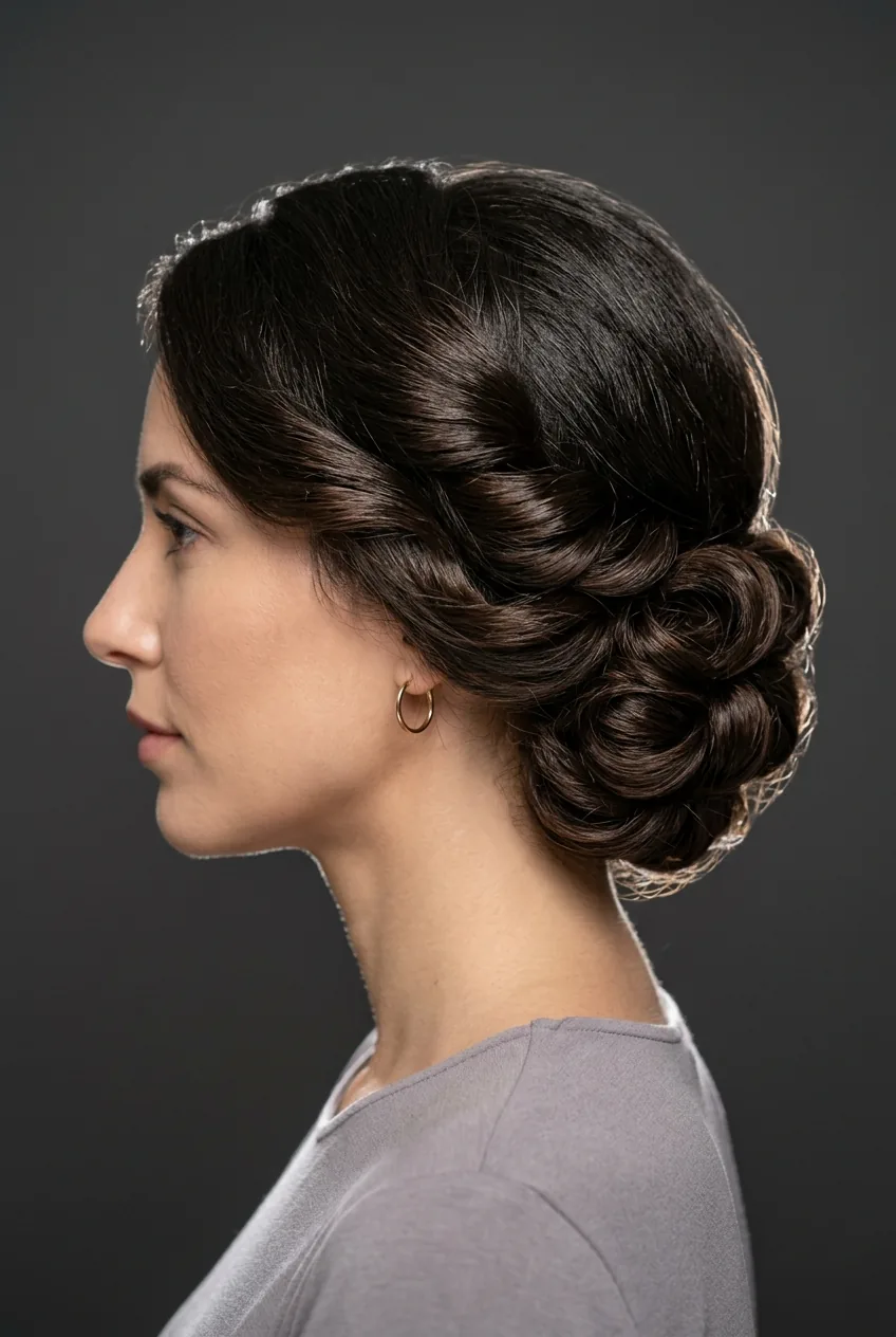 Woman with low rolled updo showing layered rolled sections stacked at nape of neck
