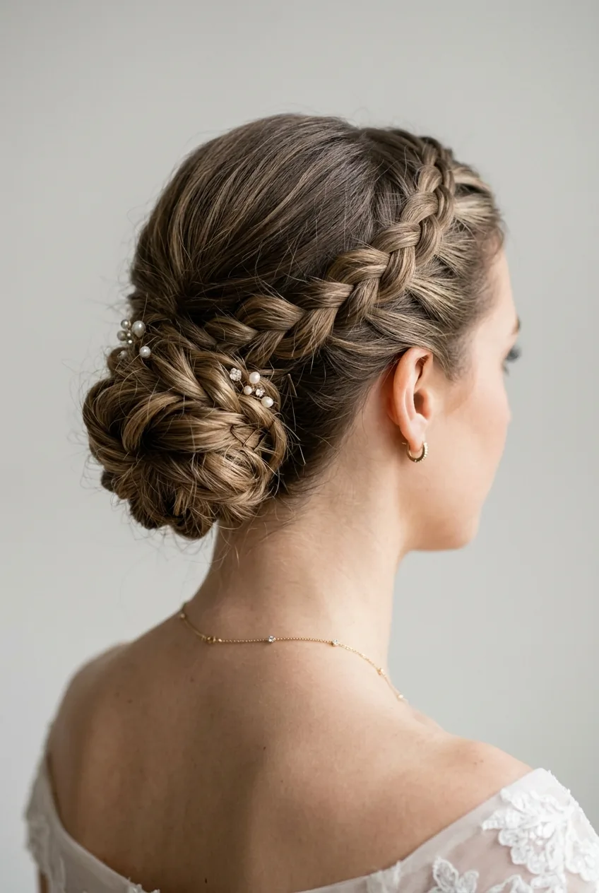 Low side bun positioned behind ear with intricate braided detail accent