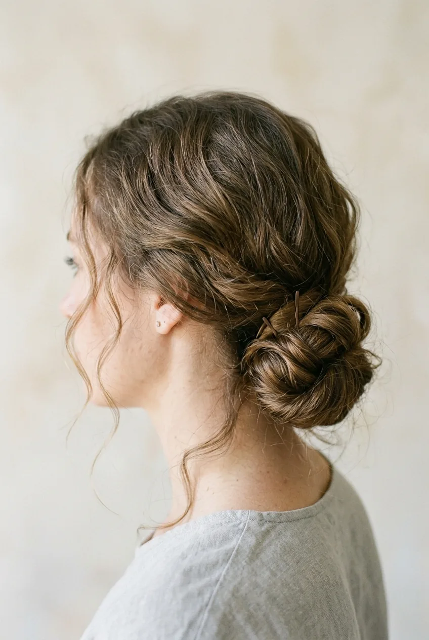 Low side bun showing loose twisted coil secured with minimal pins at nape of neck