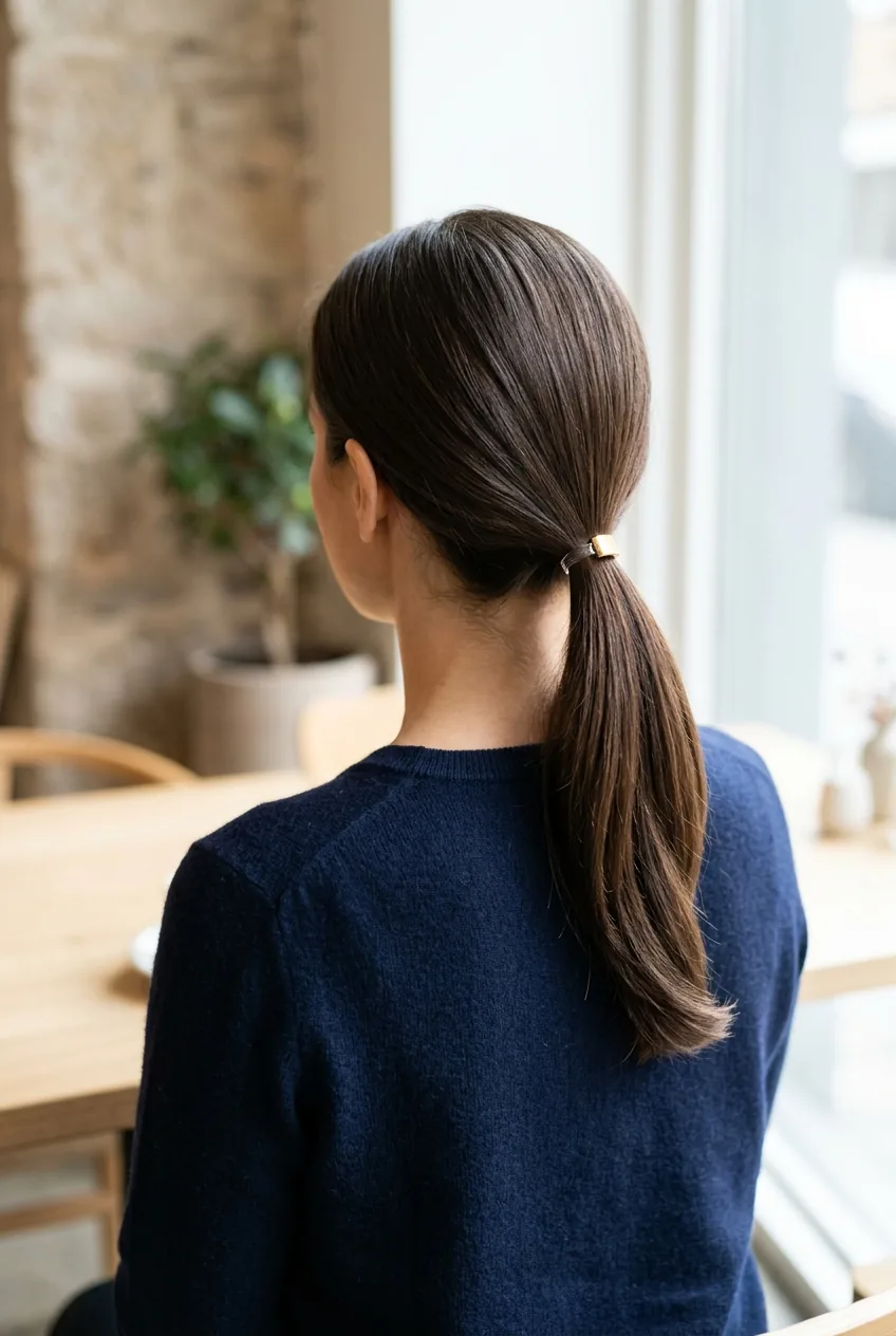 Back view of low side ponytail at nape with sleek brunette hair styled to one side