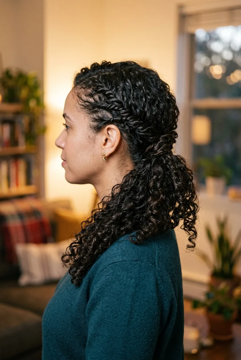Side angle of low side ponytail with small twists converging behind ear
