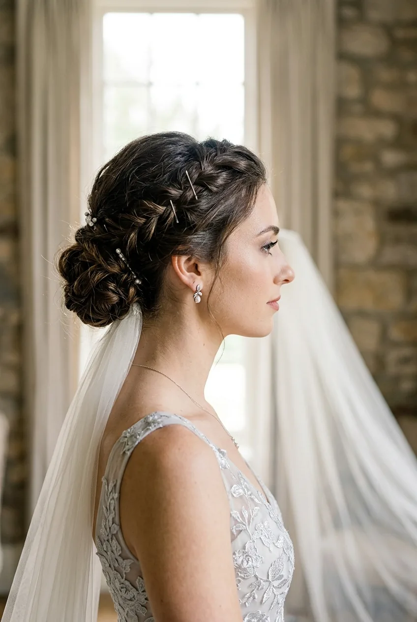 Side profile of bride showing low textured bun structure with natural window lighting on hair movement
