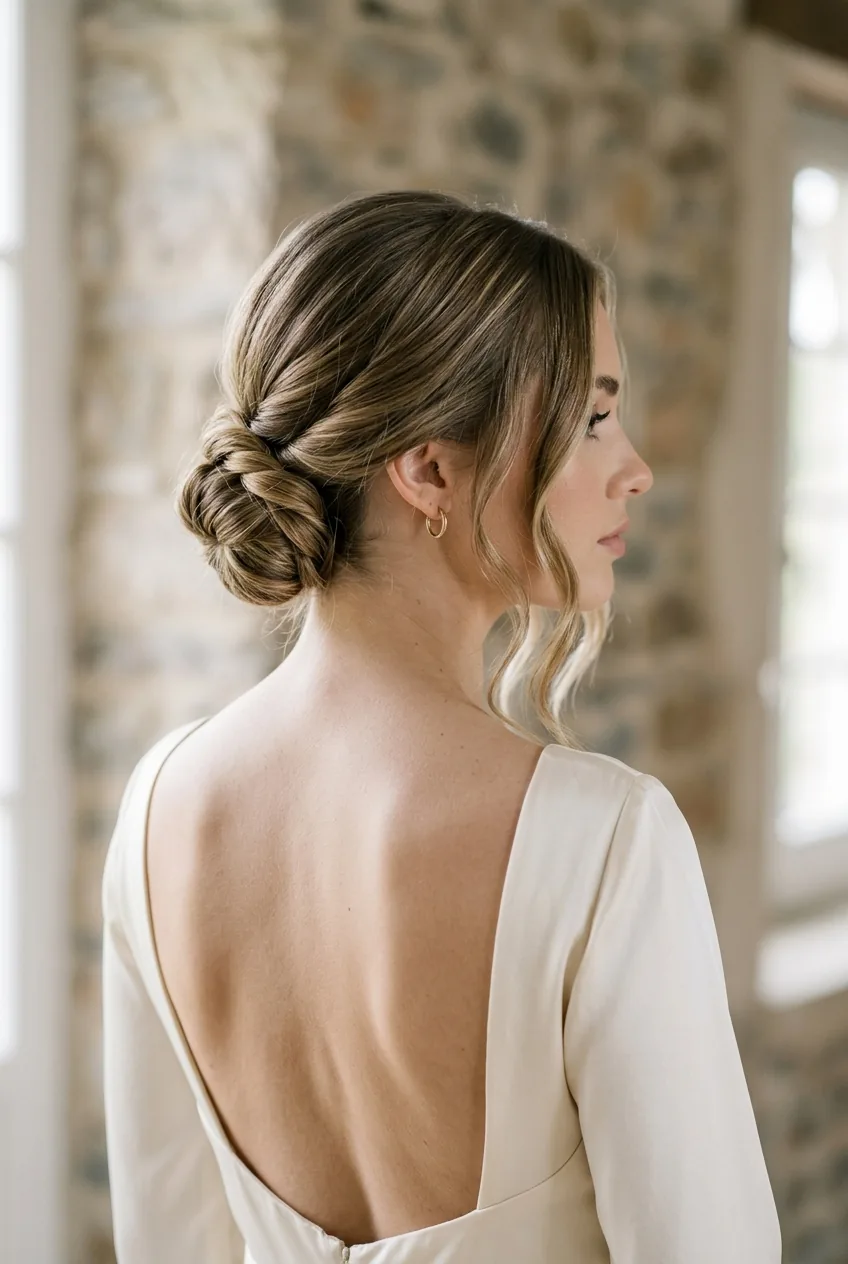 Back view of low twisted bun with soft face-framing pieces left loose