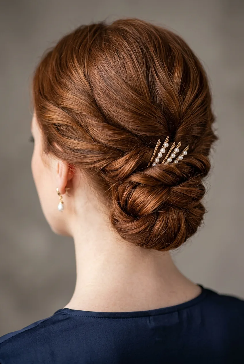 Auburn-haired woman showing low twisted chignon with crossed sections at neck from behind