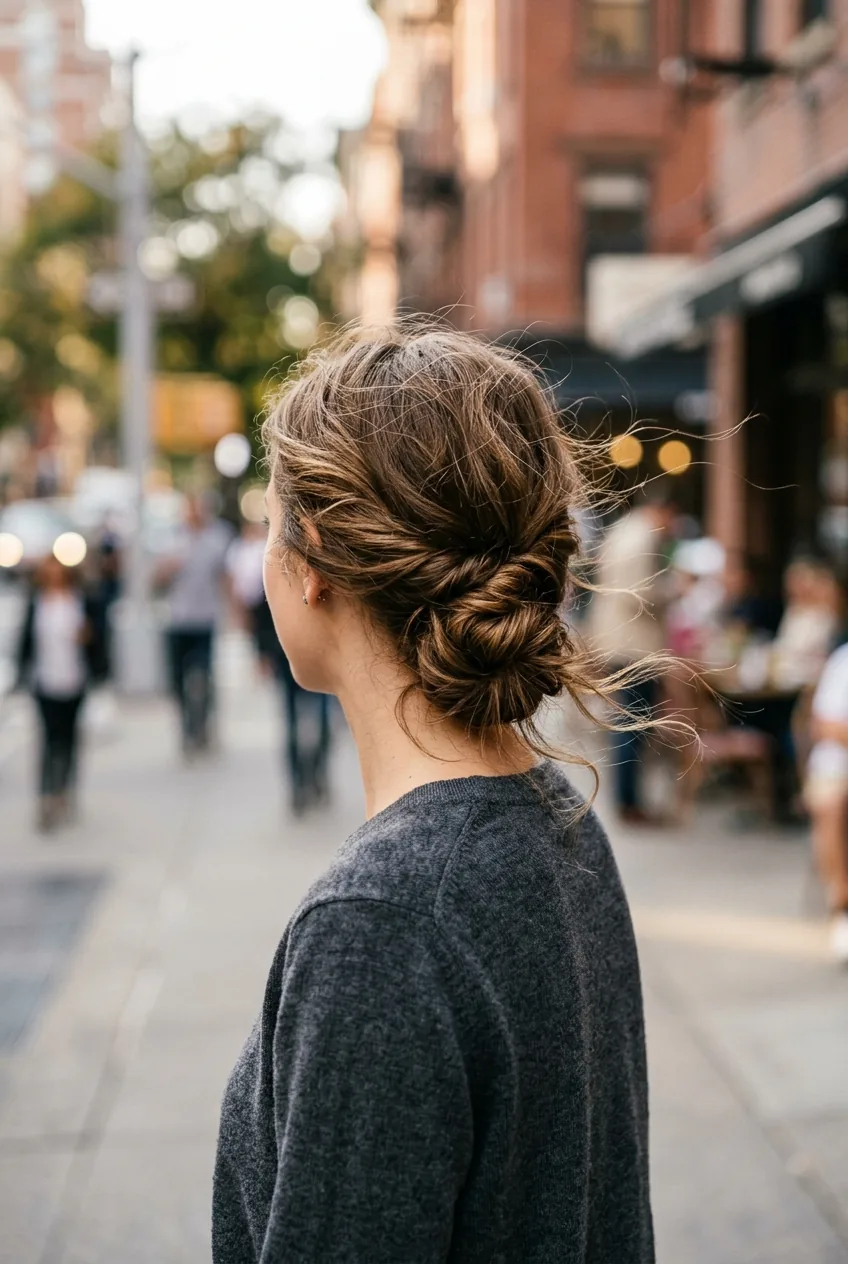 Woman with minimalist low twisted chignon positioned at the nape of neck