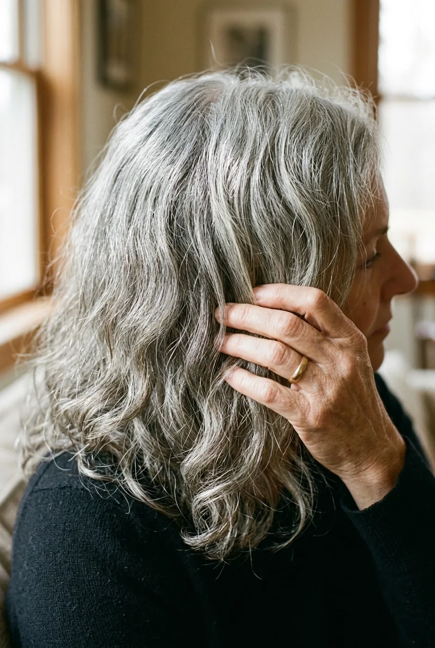 Close-up of silver and gray textured hair showing natural wave pattern and mature hair characteristics