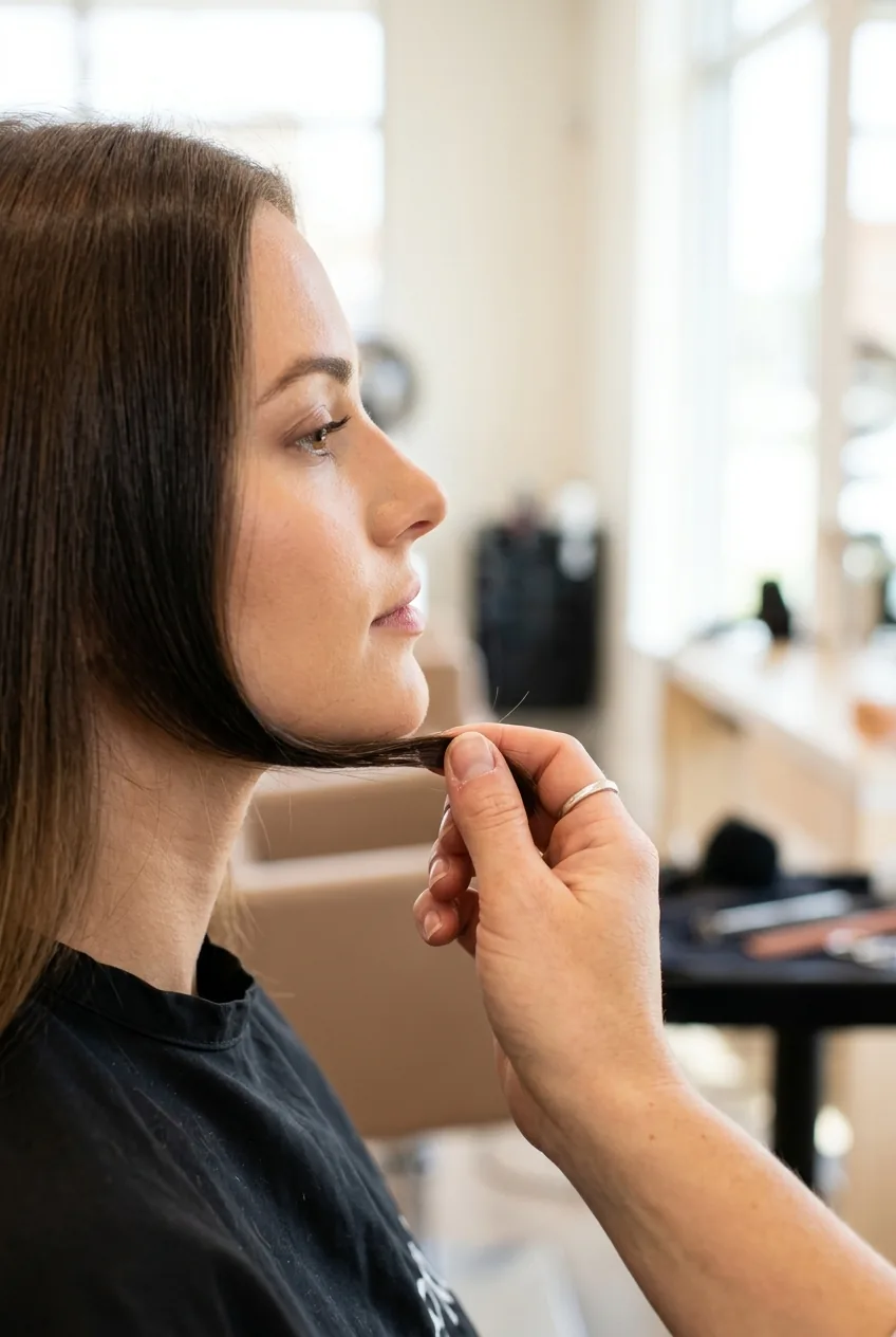 Close-up of fingers measuring hair length at jawline for French bob cut placement