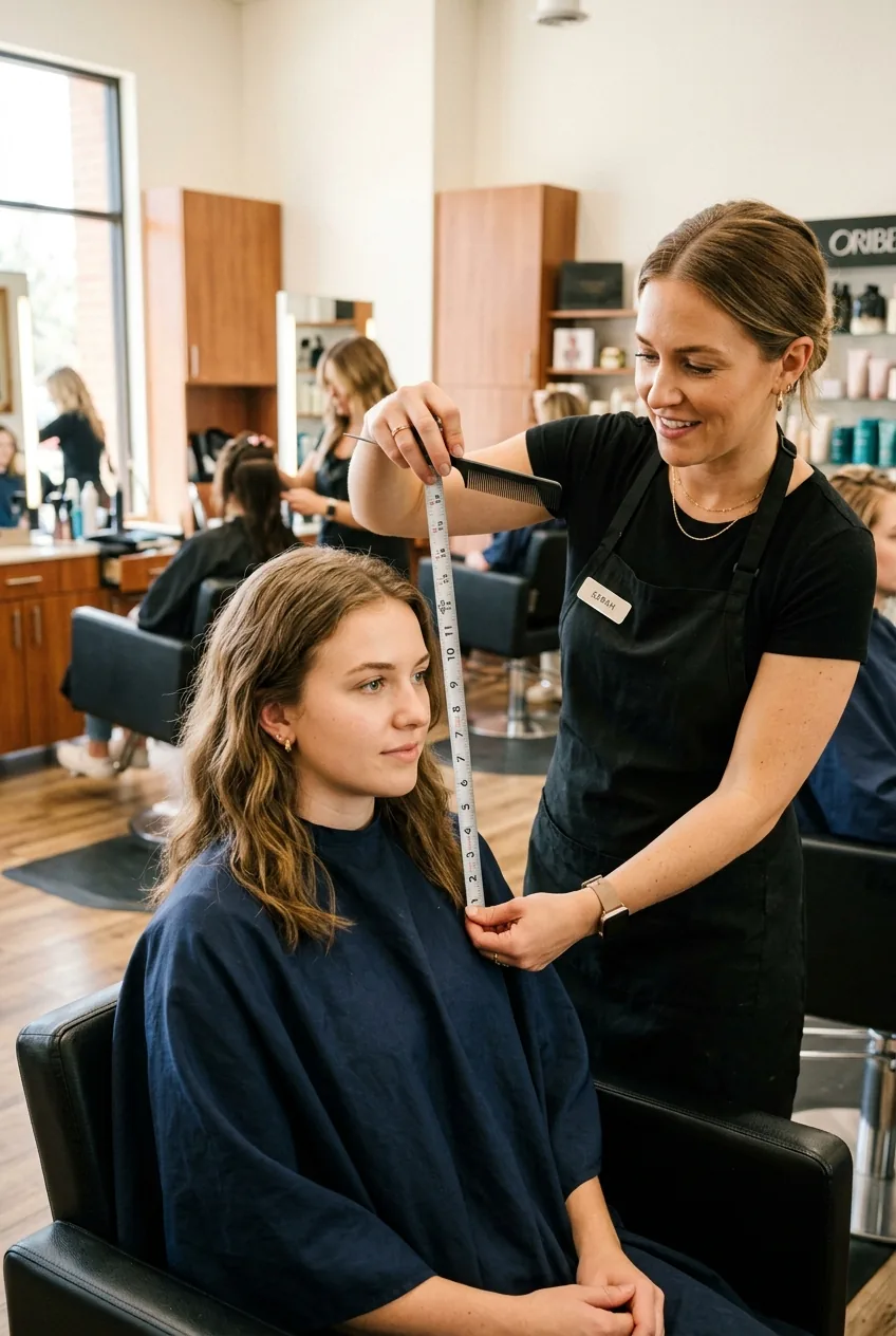 Hair stylist measuring shoulder length on client with measuring tape during planning consultation