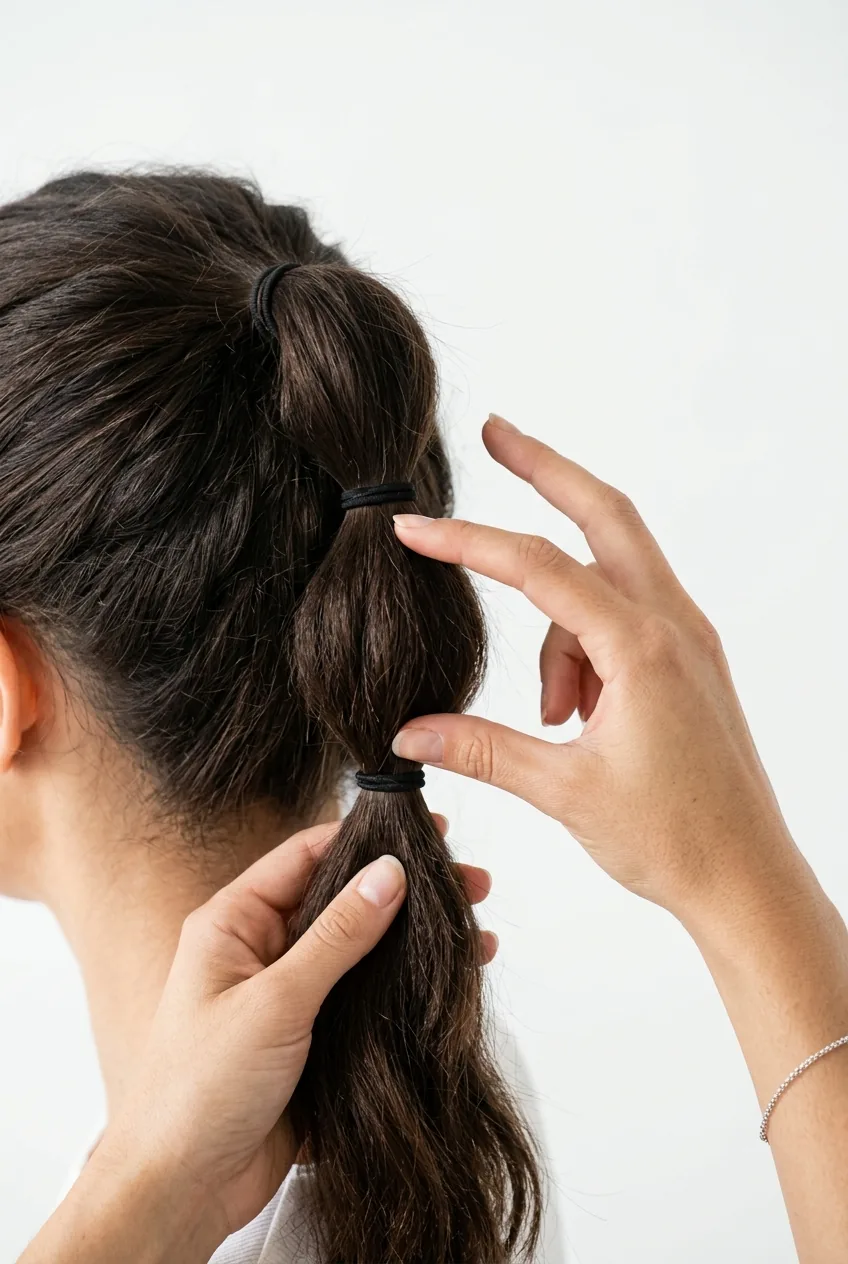 Hands measuring consistent spacing down ponytail length with fingers