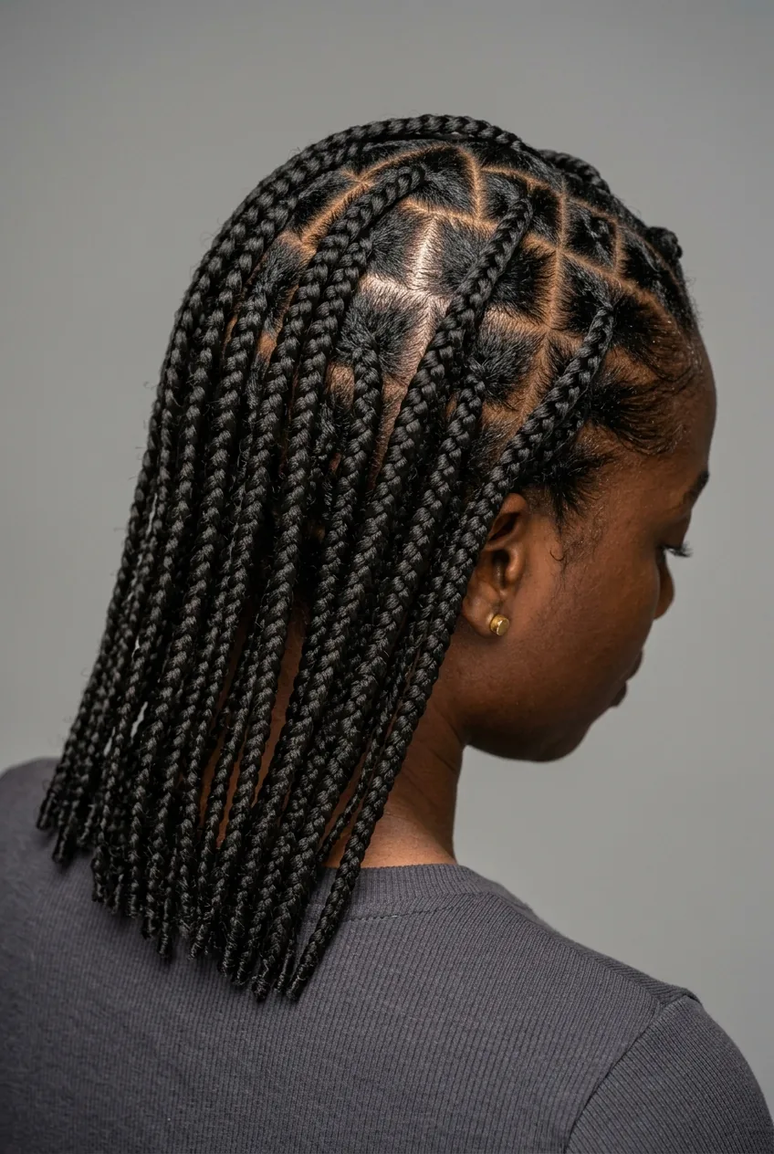Perfect medium box braids on 4C hair with uniform sectioning and thickness