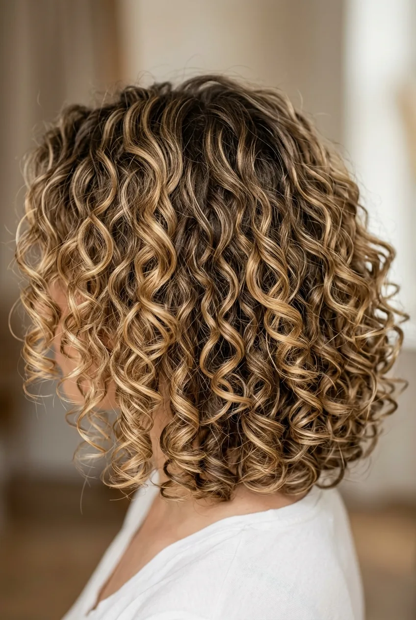 Medium-density curls in classic bob length with balanced curl definition and honey highlights