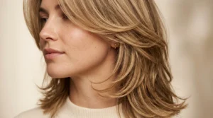 Woman with medium length layered hair showing cascading layers and natural movement in studio lighting