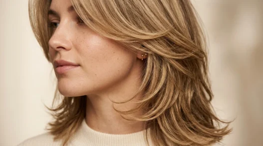 Woman with medium length layered hair showing cascading layers and natural movement in studio lighting