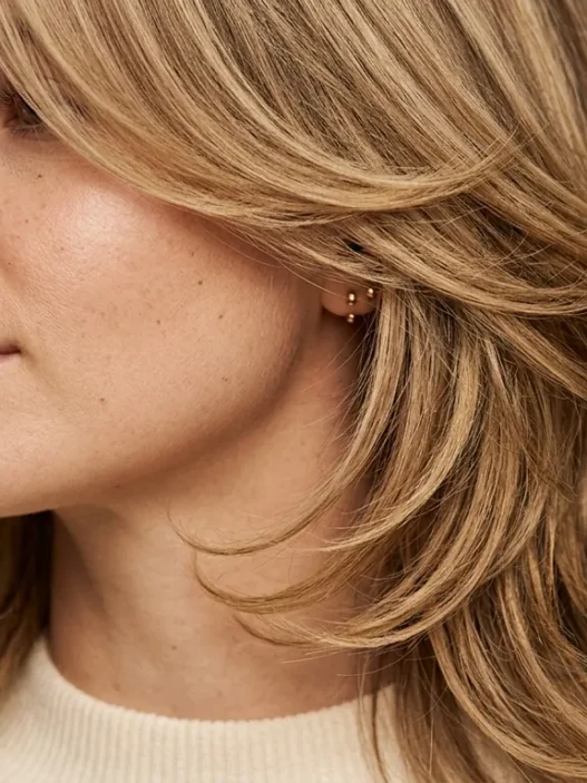 Woman with medium length layered hair showing cascading layers and natural movement in studio lighting