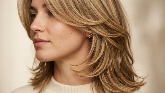 Woman with medium length layered hair showing cascading layers and natural movement in studio lighting