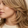 Woman with medium length layered hair showing cascading layers and natural movement in studio lighting