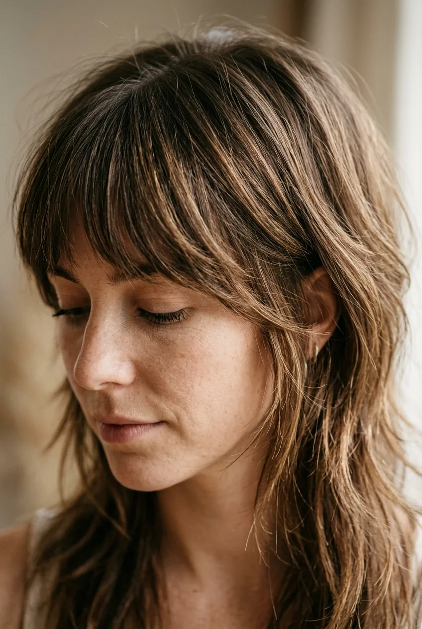 Medium-length wispy bangs blending seamlessly into face-framing layered sides