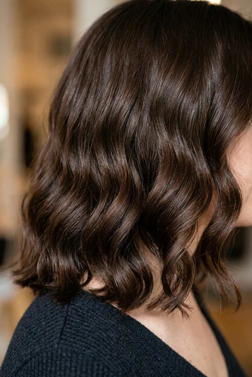 Medium-length chocolate brown lob cut showing perfect wave formation at collarbone