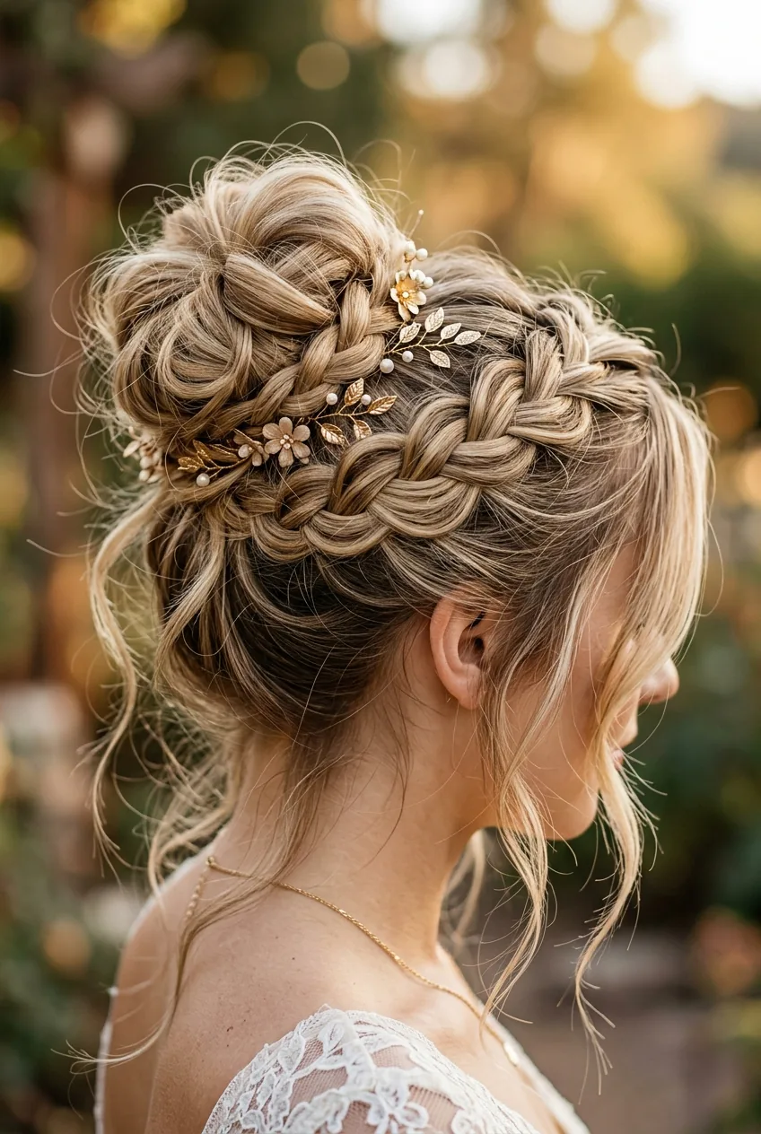 Messy braided bun with deliberately loose pieces showing relaxed formal styling texture