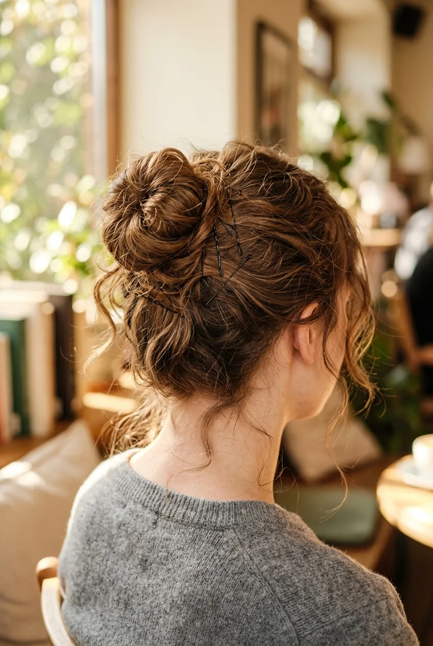 Messy bun hairstyle with visible bobby pins and intentionally loose pieces