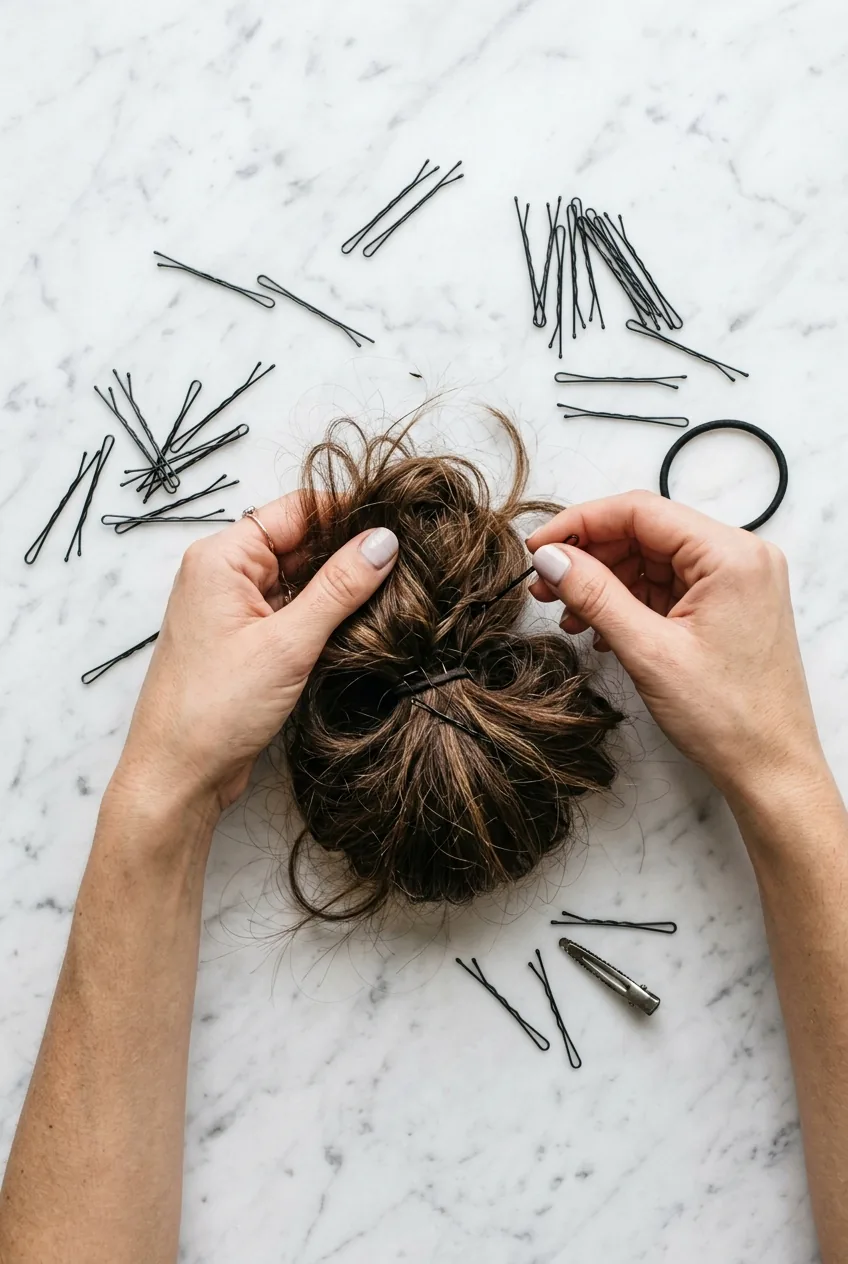 Overhead view of hands creating messy bun with bobby pins scattered on marble surface during styling process