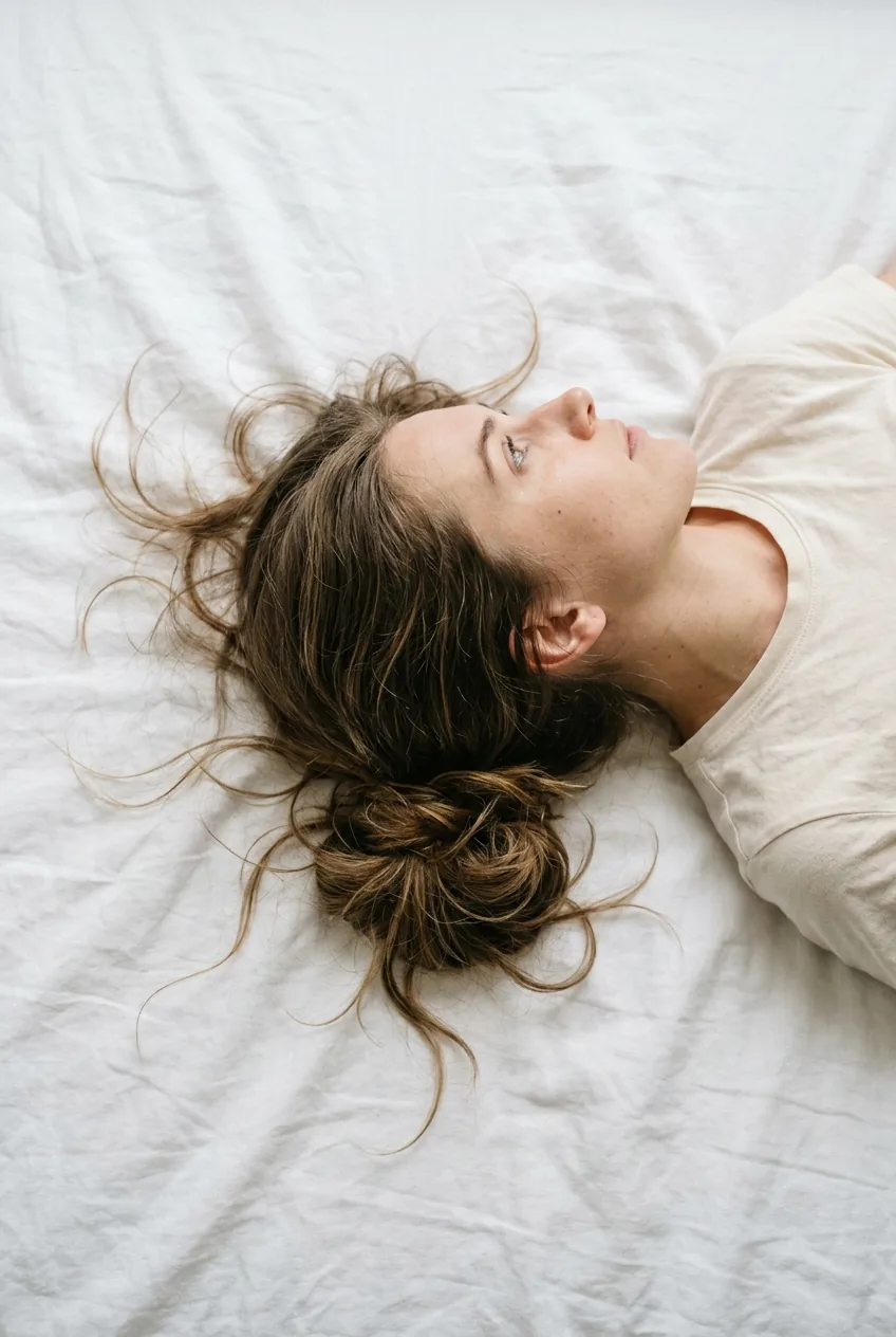 Low messy bun with loose face-framing pieces showing effortless styling technique