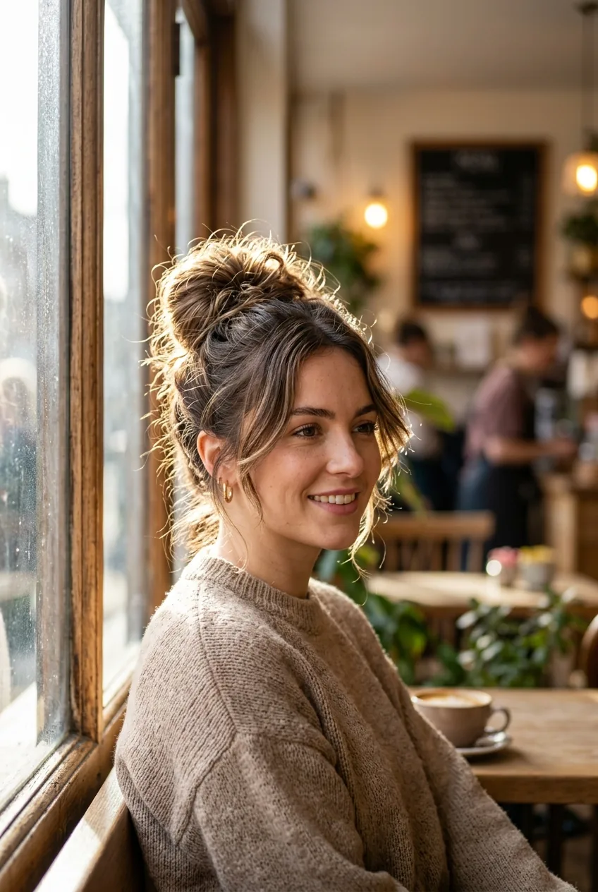 Woman sporting effortless messy bun with textured pieces and natural movement